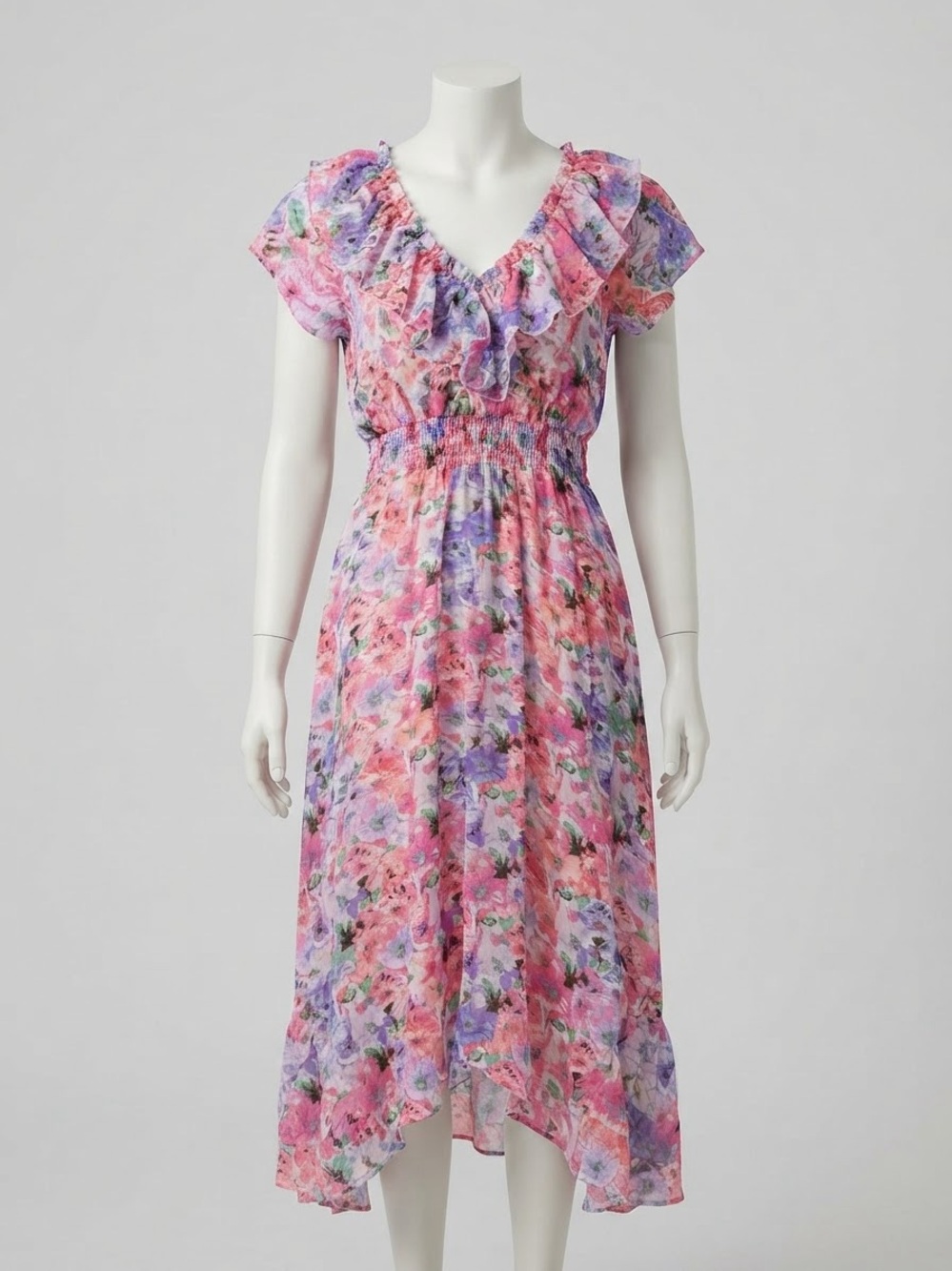 Taylor Pink & Purple Floral Ruffled High-Low Midi Dress